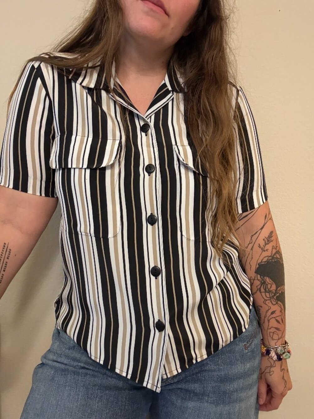 PRICE FIRM Vintage 90s Notations Striped Short Sleeve Button Down Pocket Shirt
